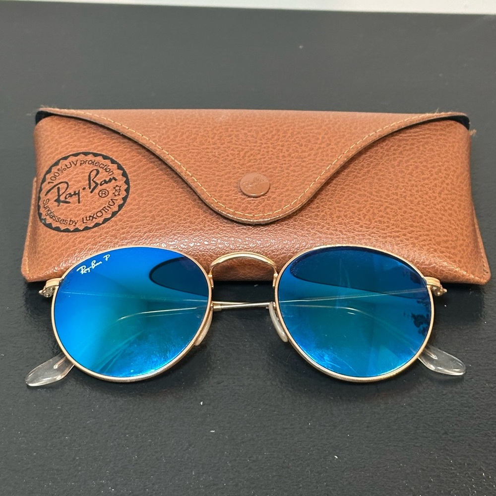 Ray-Ban Gold Frame Sunglasses with Blue Lenses